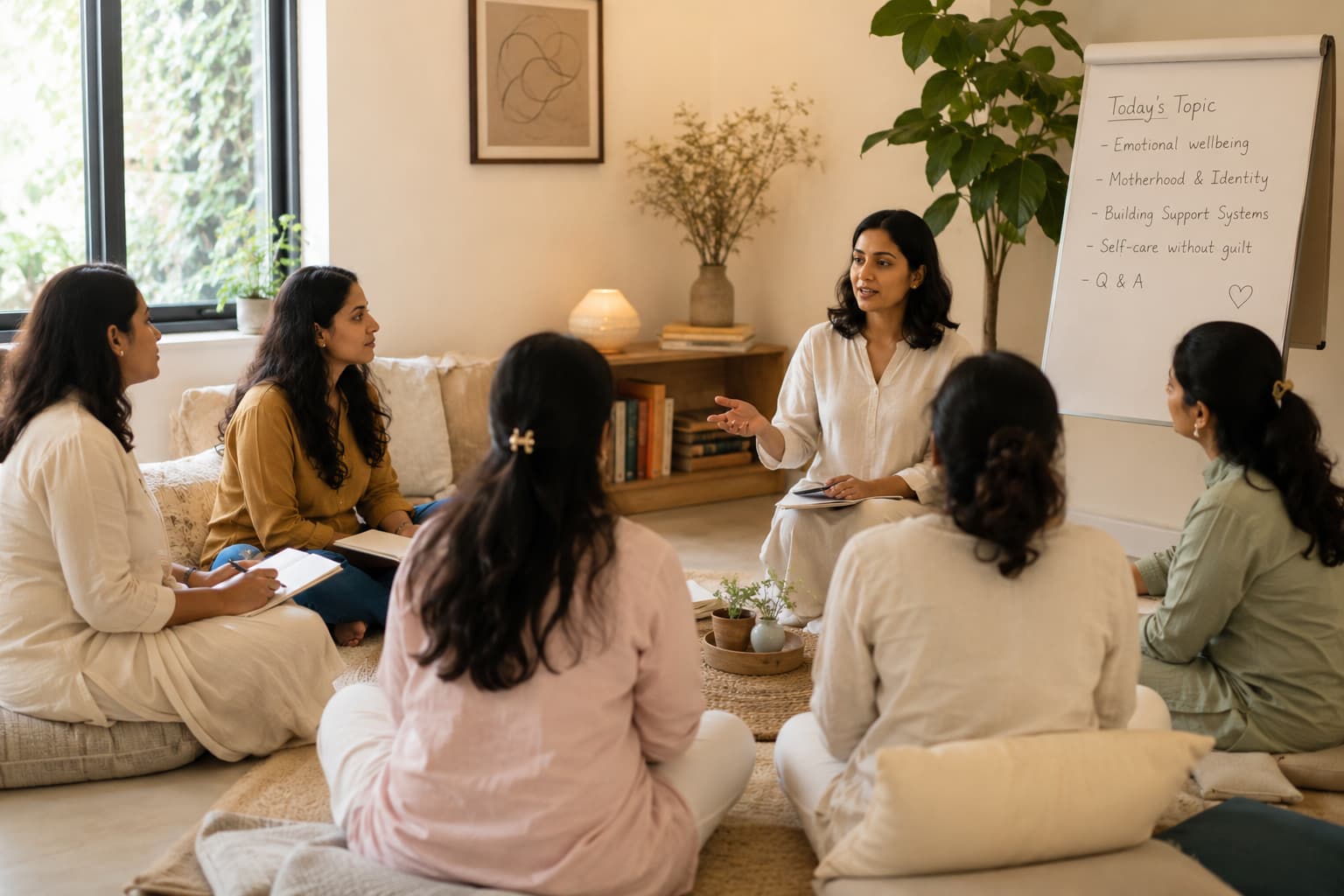 Mothers attending a calm educational workshop, seated in a circle with notebooks