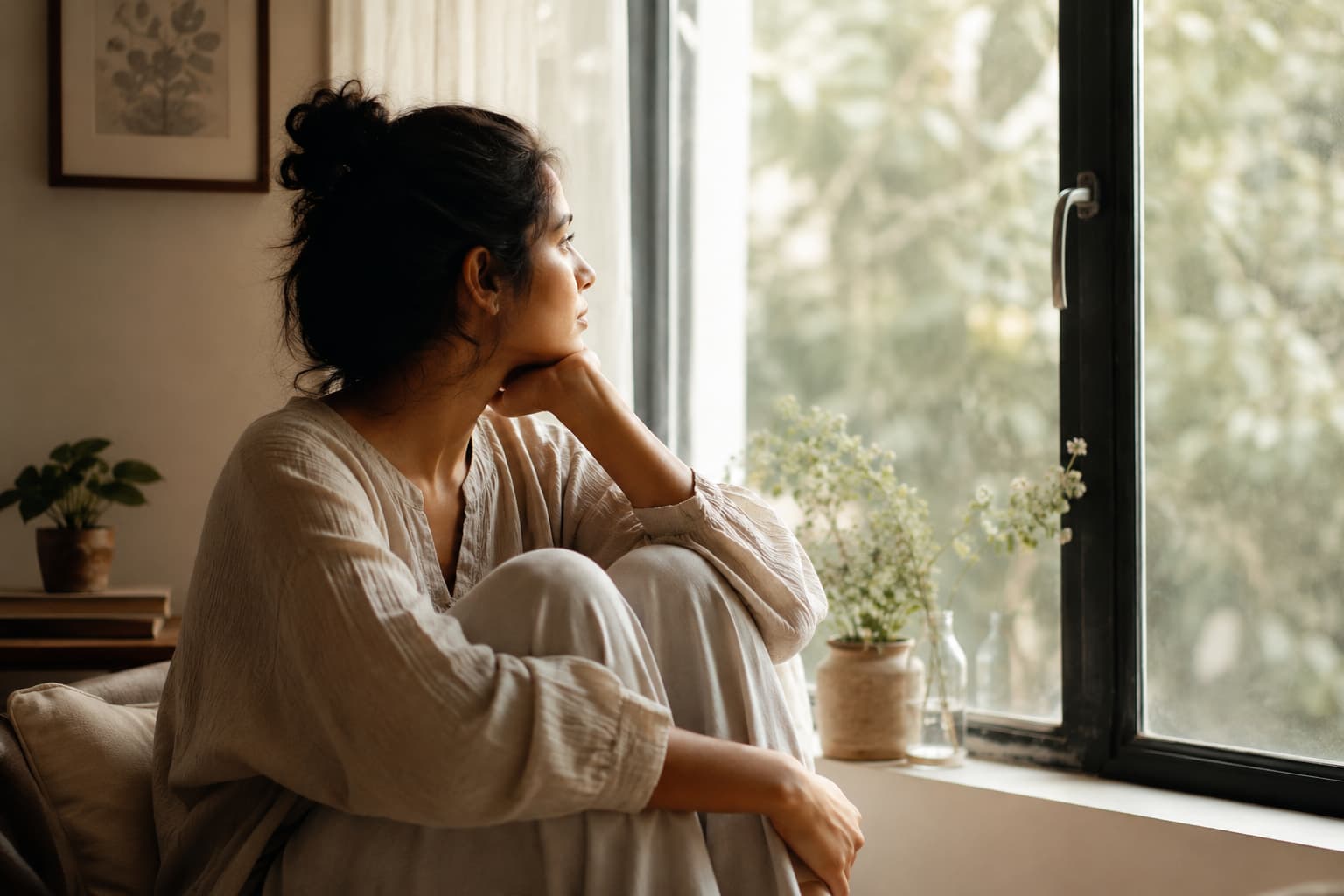 A woman sitting quietly near a window, looking contemplative